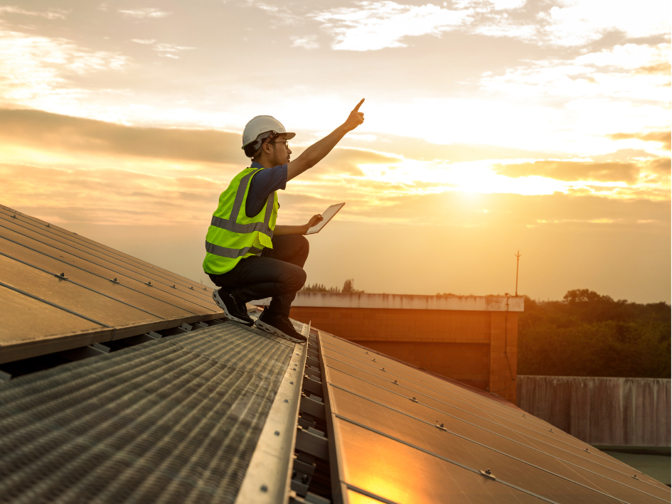 Mann sitzt in Arbeitskleidung auf einem Dach mit PV Anlage bei Sonnenuntergang und zeigt in den Himmel.
