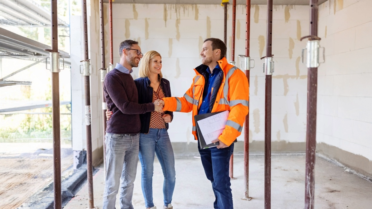 Gebäudeenergieberater berät junges Paar in ihrem Eigenheim